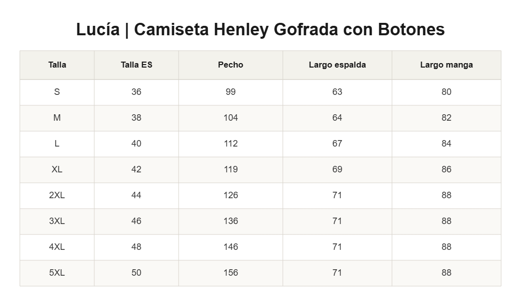 Lucía | Camiseta Henley Gofrada con Botones — guía de tallas