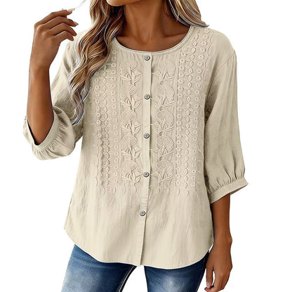 Blusa bordada para mujer de algodón y lino con mangas 3/4