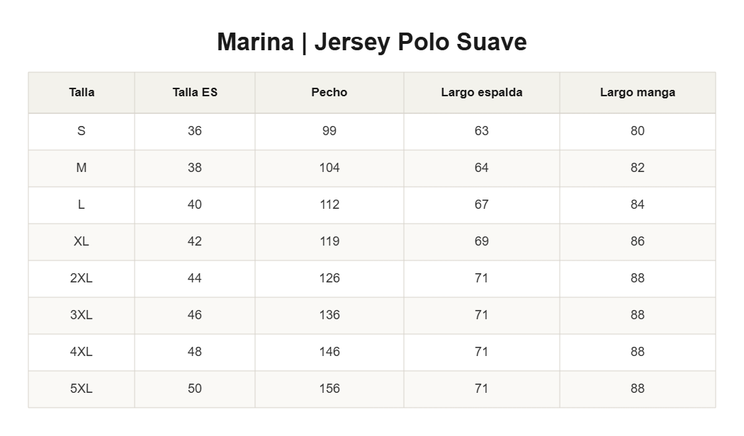 Marina | Jersey Polo Suave — guía de tallas