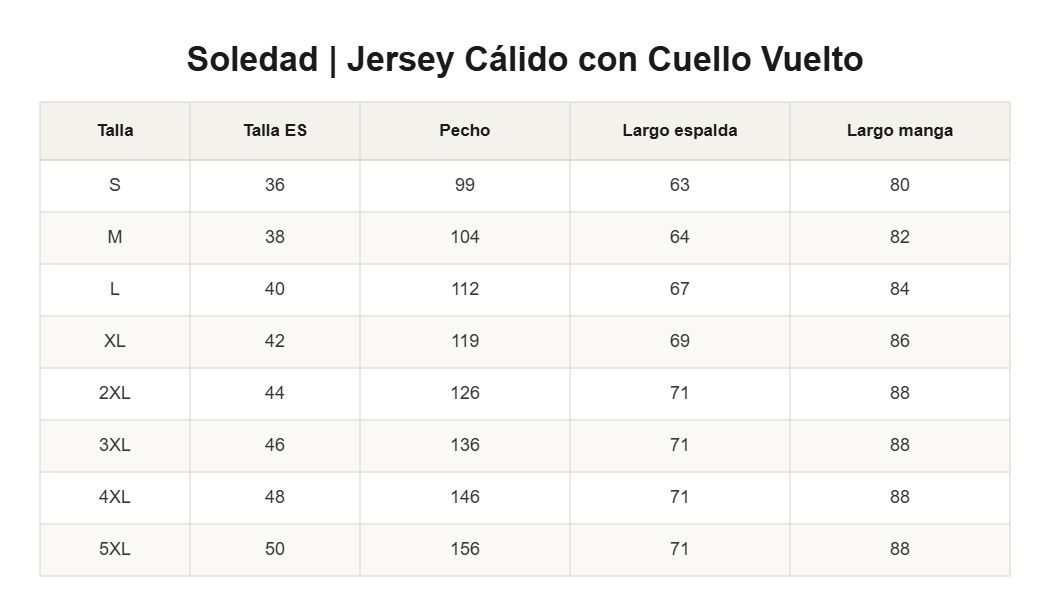 Soledad | Jersey Cálido con Cuello Vuelto — guía de tallas