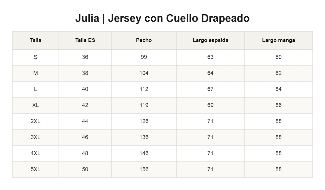 Julia | Jersey con Cuello Drapeado — guía de tallas
