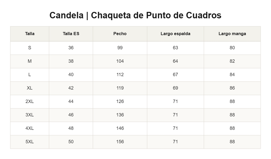 Candela | Chaqueta de Punto de Cuadros — guía de tallas