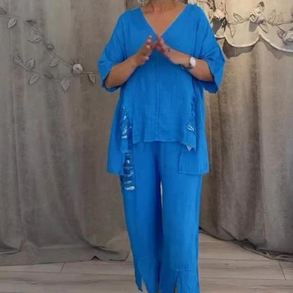 Conjunto mujer casual dos piezas escote V fluido