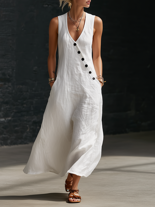 Vestido Maxi Mujer Minimalista con Botones – Estilo Elegante Fluido