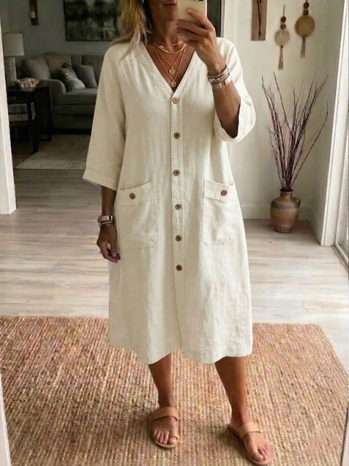 Vestido Mujer Midi Algodón Lino con Botones – Estilo Casual y Elegante