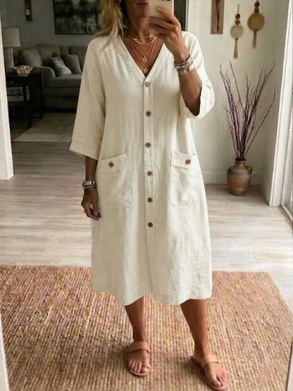 Vestido Mujer Midi Algodón Lino con Botones – Estilo Casual y Elegante