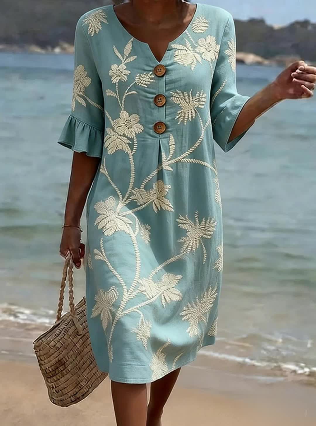 Vestido mujer algodón lino floral – vestido casual verano botones