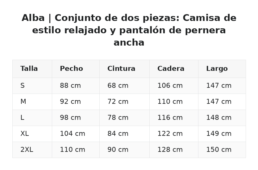 Alba | Conjunto de dos piezas: Camisa de estilo relajado y pantalón de pernera ancha — guía de tallas