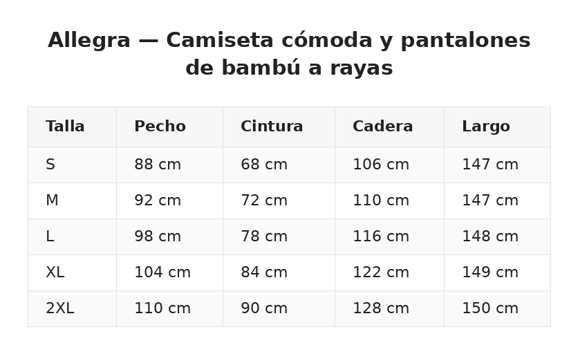 Allegra — Camiseta cómoda y pantalones de bambú a rayas — guía de tallas