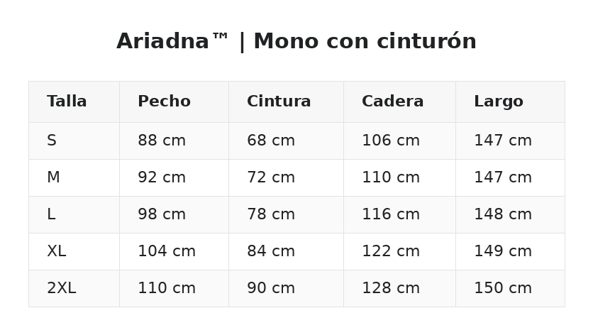 Ariadna™ | Mono con cinturón — guía de tallas