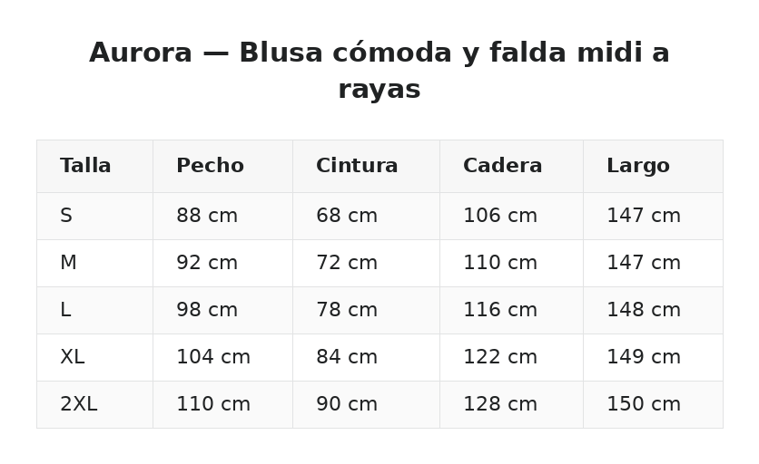 Aurora — Blusa cómoda y falda midi a rayas — guía de tallas