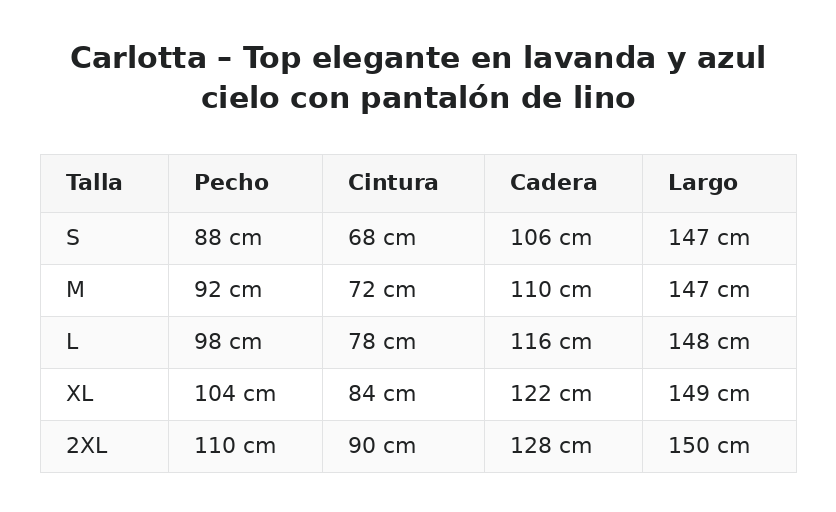Carlotta – Top elegante en lavanda y azul cielo con pantalón de lino — guía de tallas