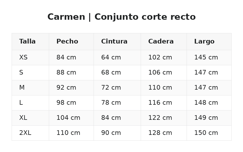 Carmen | Conjunto corte recto — guía de tallas