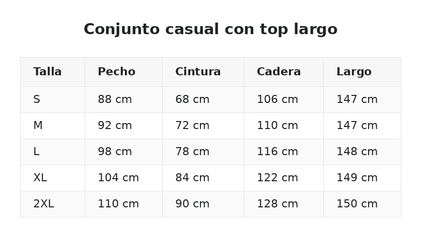 Conjunto casual con top largo — guía de tallas