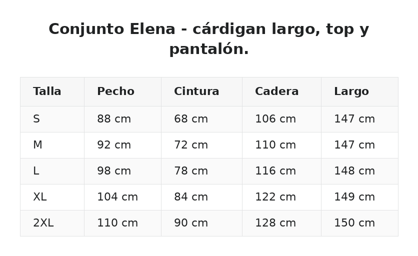 Conjunto Elena -  cárdigan largo, top y pantalón. — guía de tallas
