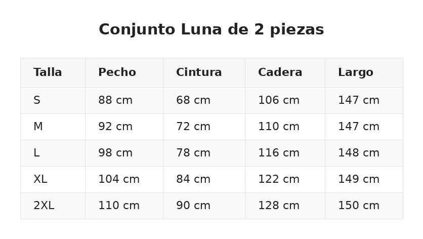 Conjunto Luna de 2 piezas — guía de tallas