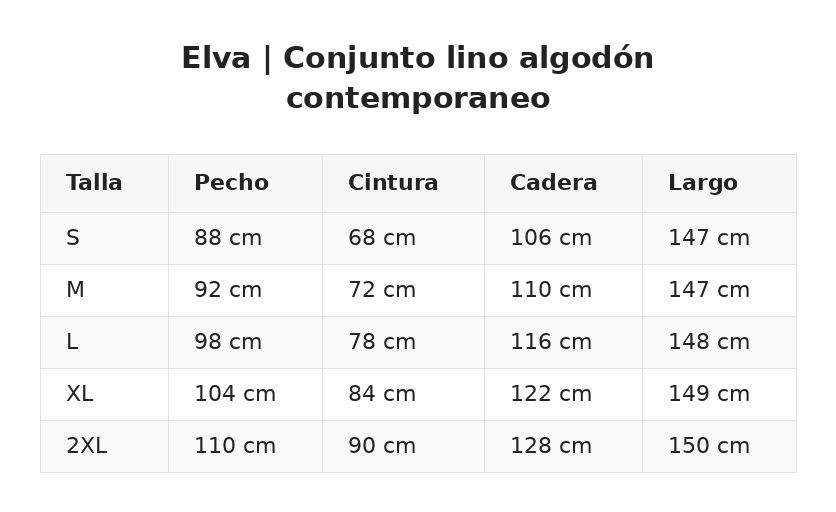Elva | Conjunto lino algodón contemporaneo — guía de tallas
