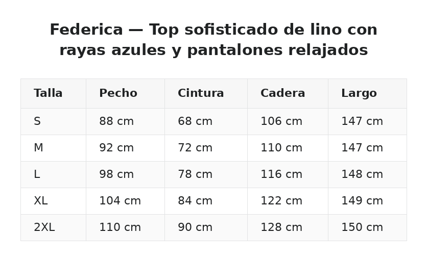 Federica — Top sofisticado de lino con rayas azules y pantalones relajados — guía de tallas