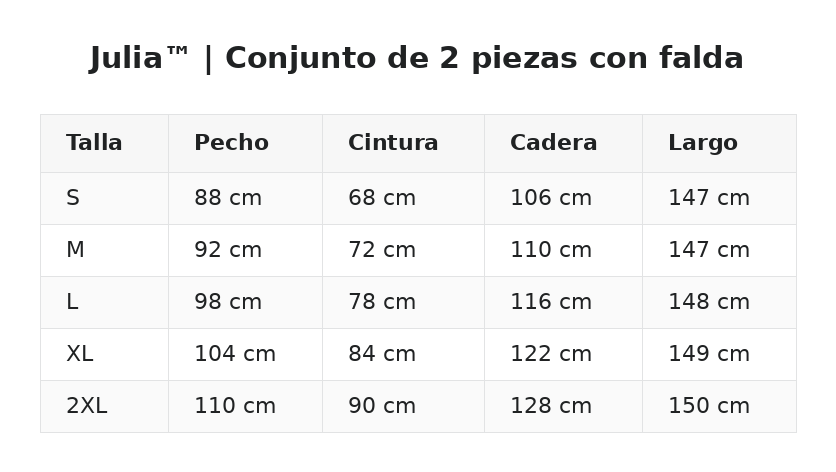 Julia™ | Conjunto de 2 piezas con falda — guía de tallas