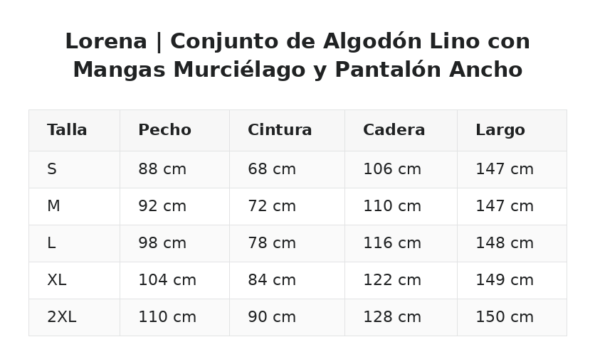Lorena | Conjunto de Algodón Lino con Mangas Murciélago y Pantalón Ancho — guía de tallas