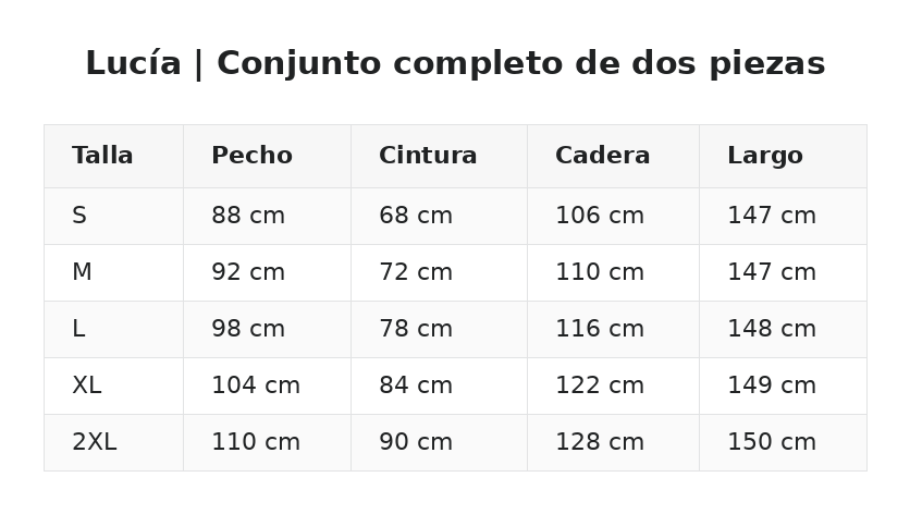 Lucía | Conjunto completo de dos piezas — guía de tallas