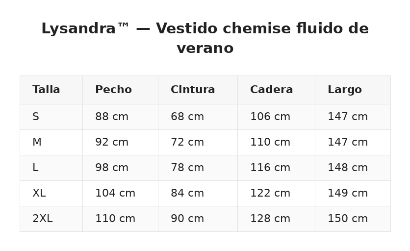 Lysandra™ — Vestido chemise fluido de verano — guía de tallas