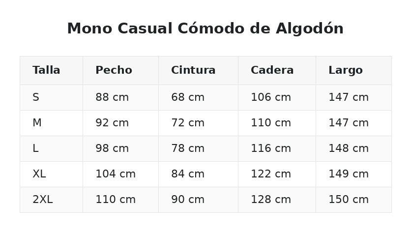 Mono Casual Cómodo de Algodón — guía de tallas