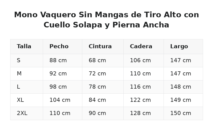 Mono Vaquero Sin Mangas de Tiro Alto con Cuello Solapa y Pierna Ancha — guía de tallas