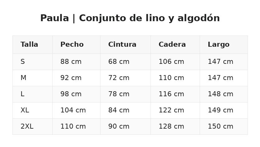 Paula | Conjunto de lino y algodón — guía de tallas