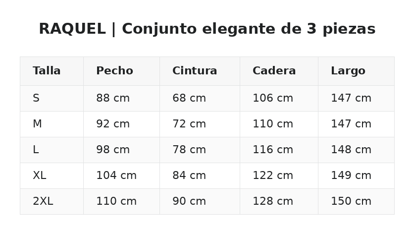 RAQUEL | Conjunto elegante de 3 piezas — guía de tallas