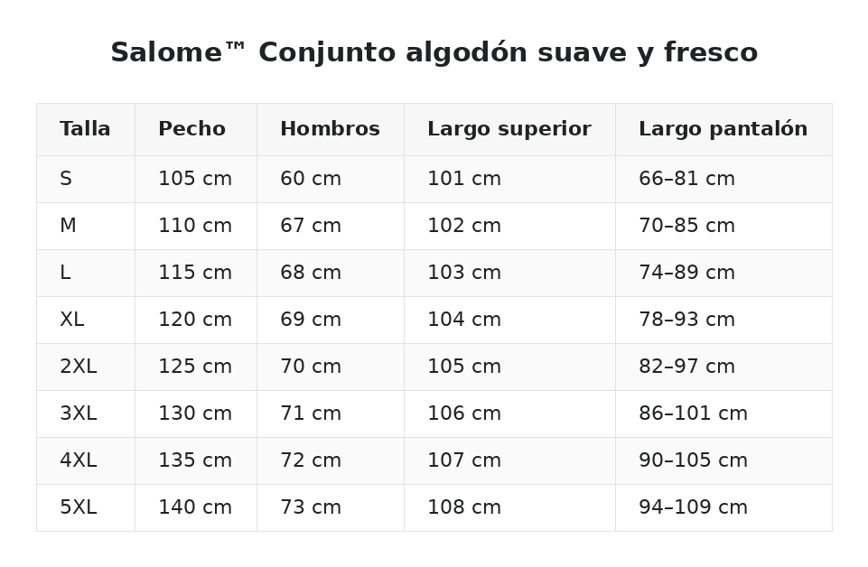 Salome™ Conjunto algodón suave y fresco — guía de tallas