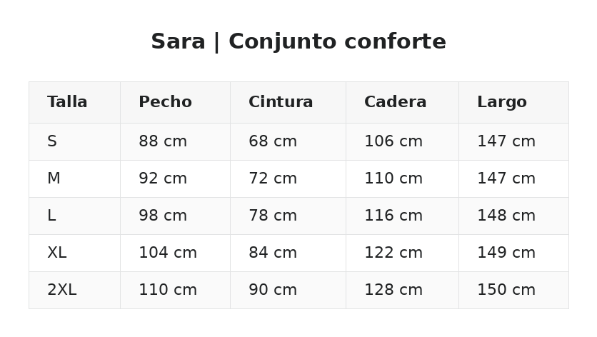 Sara | Conjunto conforte — guía de tallas