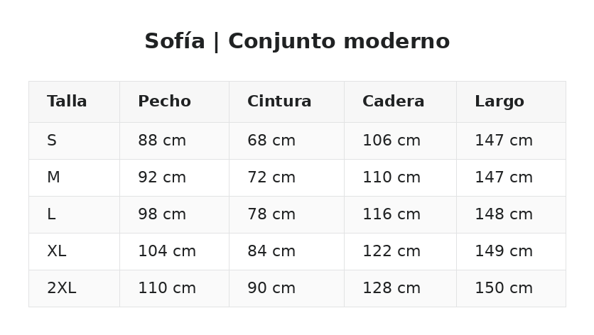 Sofía | Conjunto moderno — guía de tallas