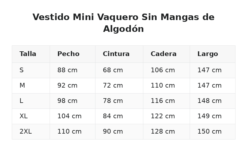 Vestido Mini Vaquero Sin Mangas de Algodón — guía de tallas