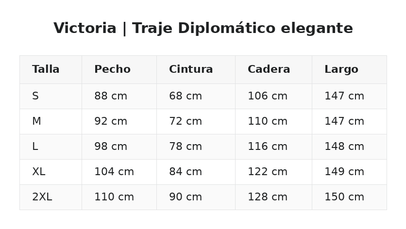 Victoria | Traje Diplomático elegante — guía de tallas