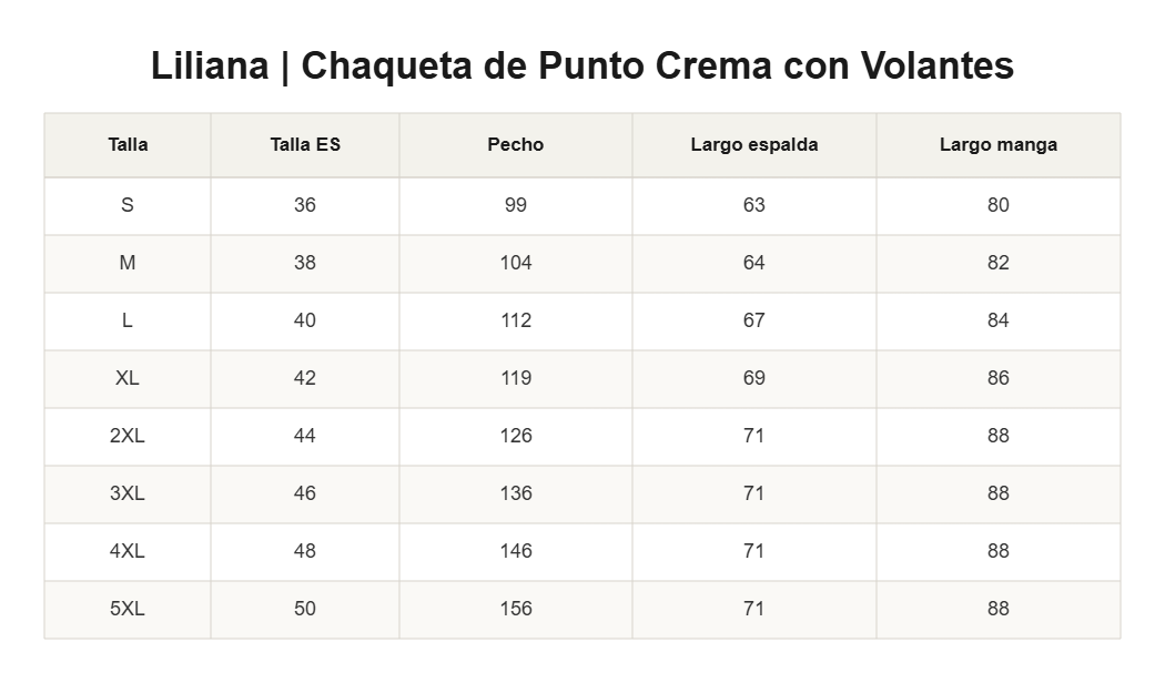 Liliana | Chaqueta de Punto Crema con Volantes — guía de tallas
