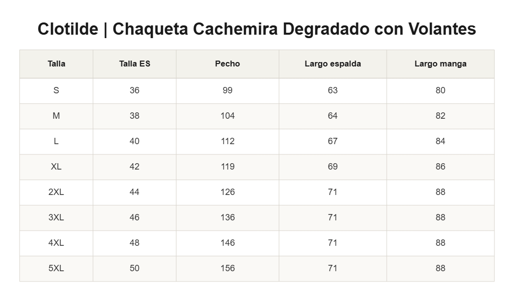 Clotilde | Chaqueta Cachemira Degradado con Volantes — guía de tallas