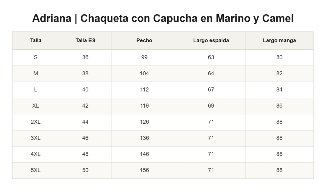 Adriana | Chaqueta con Capucha en Marino y Camel — guía de tallas