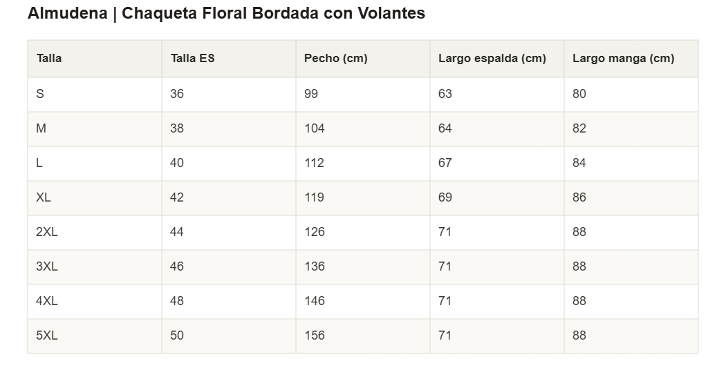 Almudena | Chaqueta Floral Bordada con Volantes — guía de tallas