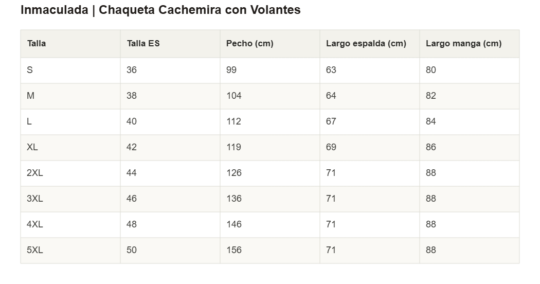 Inmaculada | Chaqueta Cachemira con Volantes — guía de tallas