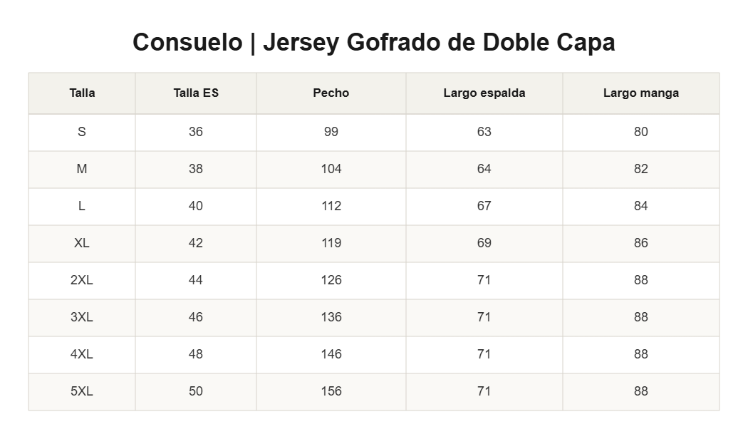 Consuelo | Jersey Gofrado de Doble Capa — guía de tallas