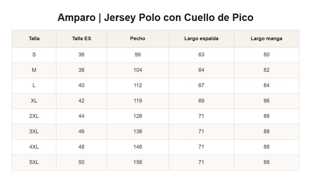 Amparo | Jersey Polo con Cuello de Pico — guía de tallas