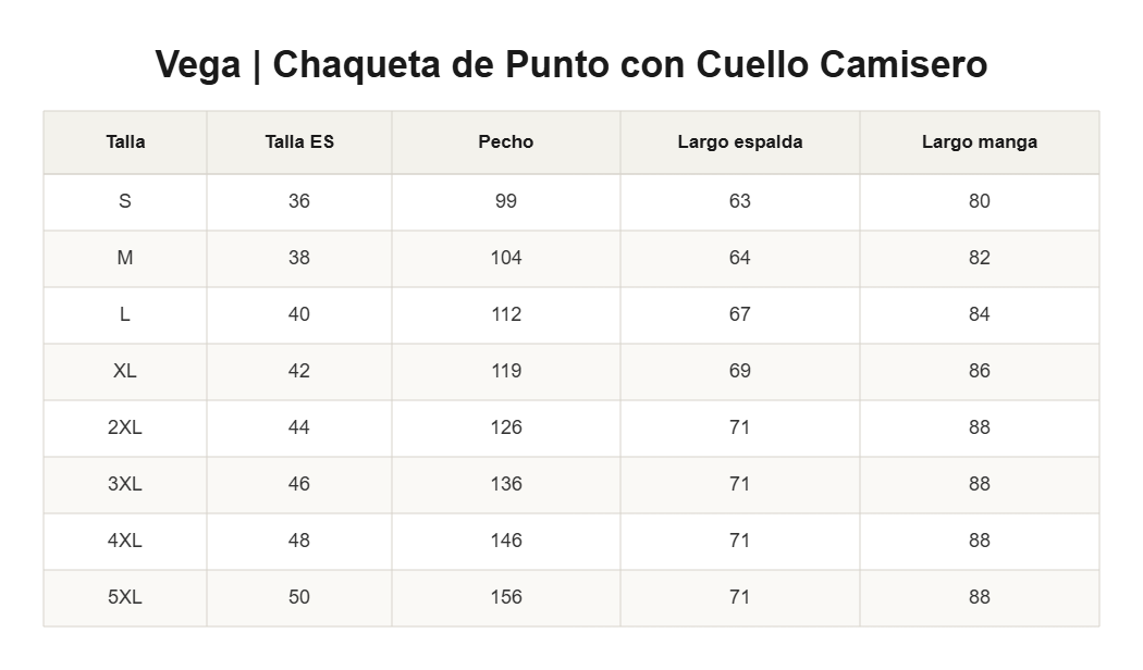 Vega | Chaqueta de Punto con Cuello Camisero — guía de tallas