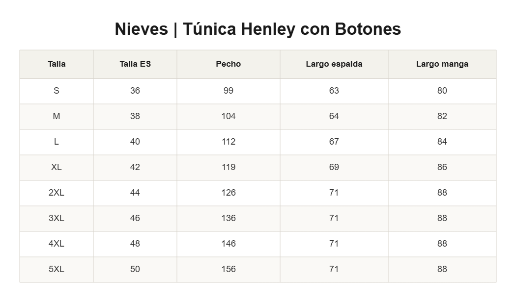 Nieves | Túnica Henley con Botones — guía de tallas