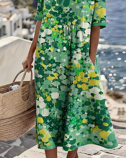 Vestido midi mujer algodón lino estampado flores abstractas bolsillos verano