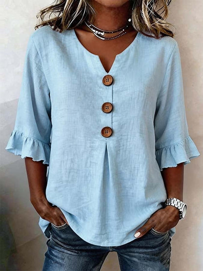 Blusa mujer botones mangas volante – casual elegante ligera
