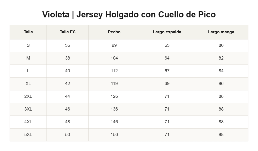 Violeta | Jersey Holgado con Cuello de Pico — guía de tallas