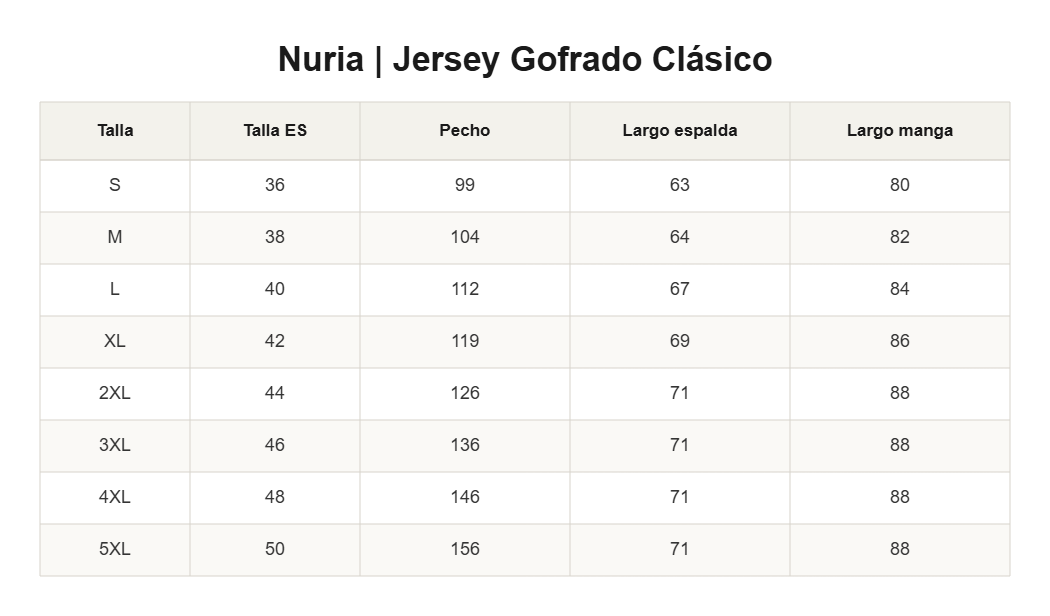 Nuria | Jersey Gofrado Clásico — guía de tallas