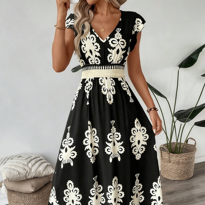 Vestido largo para mujer con estampado barroco y escote en V