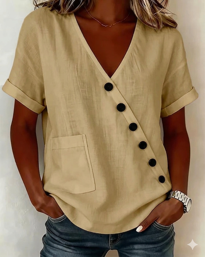 Top Mujer Algodón Lino con Botones Diagonales – Estilo Moderno y Cómodo